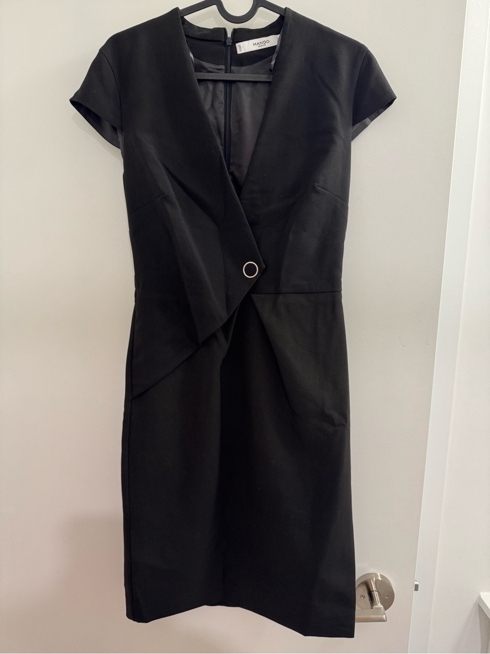 Mango Black Faux-Wrap Cap Sleeve Sheath Dress